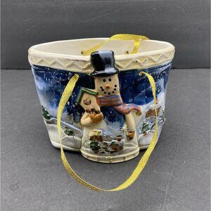 VTG Christmas Snowman Basket Planter Candy Bowl Ceramic Jay Import Ribbon Handle